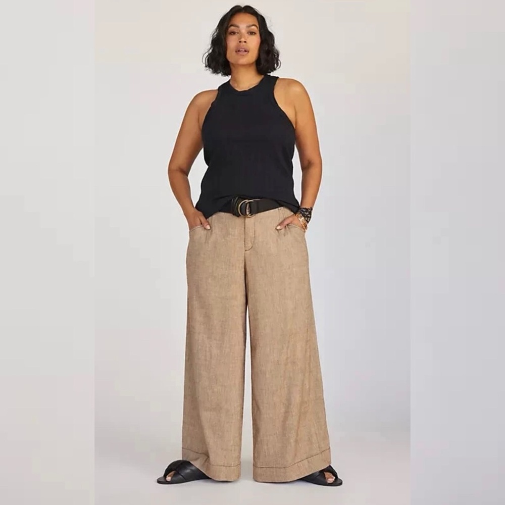 Anthropologie Linen Blend Wide Leg Pants Tan High Rise Size 12 - Picture 3 of 8